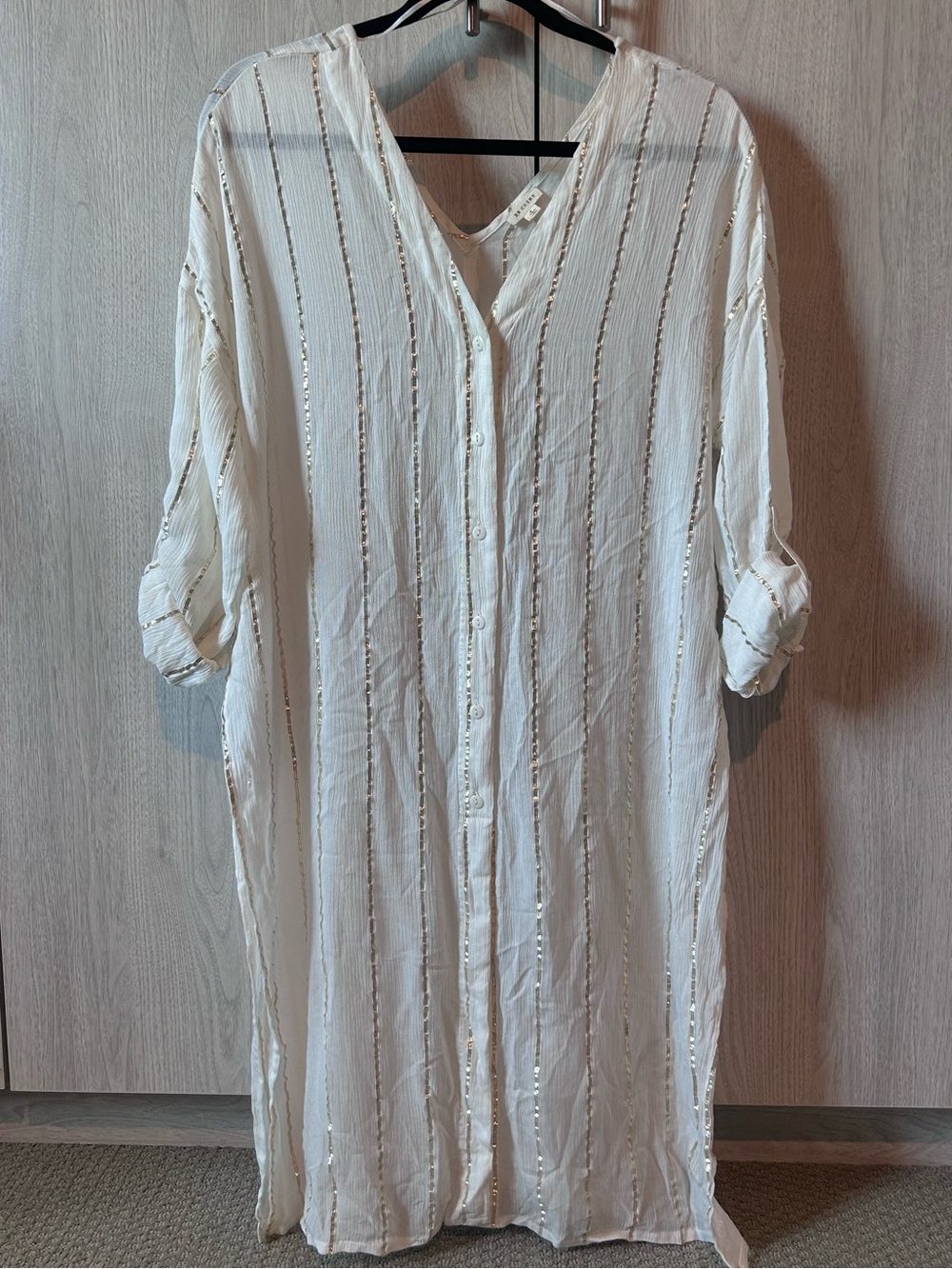 En Creme Cream Metallic Stripe Duster Cover Up Midi Shirt Dress Small